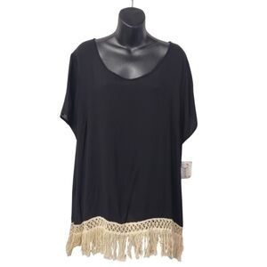 Moa Moa Woman Black Rayon Fringe Hem Top 2X NWT Boho Crochet Tassel Tunic Blouse